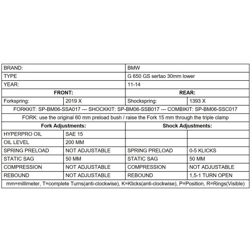 01-300-8017-0 Touratech Suspension lowering kit -30mm for BMW G 650 GS Sertao 2011 - 2014