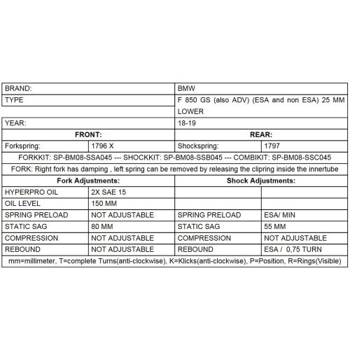 01-082-5892-0 Height lowering kit -25mm for BMW F850GS / BMW F850GS Adventure from 2018 replacement springs