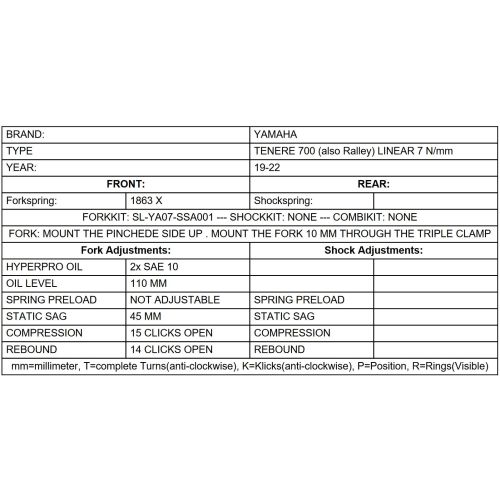 01-632-5886-0 Fork springs LINEAR (7N/mm) for Yamaha 700 Tenere (2019-2024), *Adventure Set Up*.