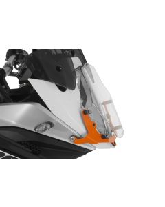 Makrolon headlight protector with quick release fasteners, orange bracket, for KTM 1050 Adventure/ 1090 Adventure/ 1190 Adventure/ 1190 Adventure R/ 1290 Super Adventure *OFFROAD USE ONLY*